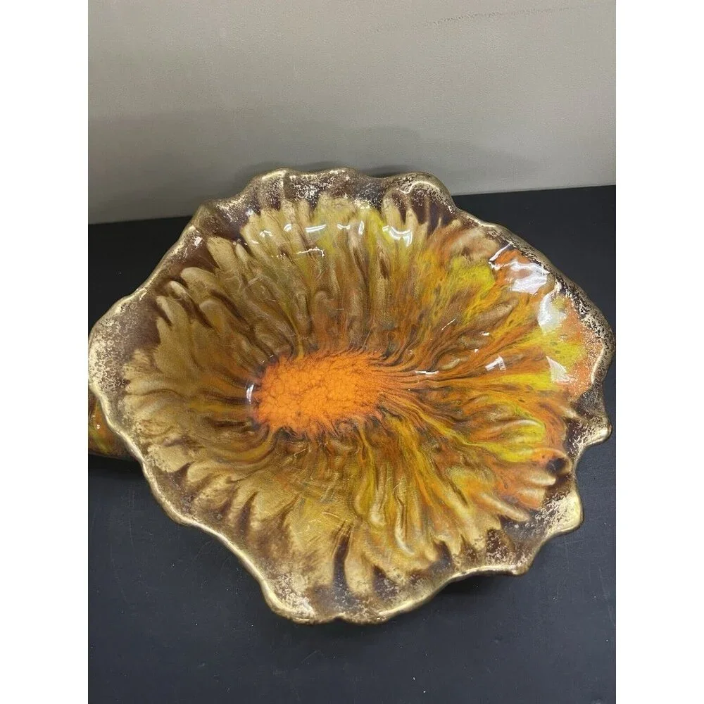Large Vintage Vase Ceramic Horn Of Plenty Cornucopia MCM Drip Glaze Orange Brown - Picture 4 of 12